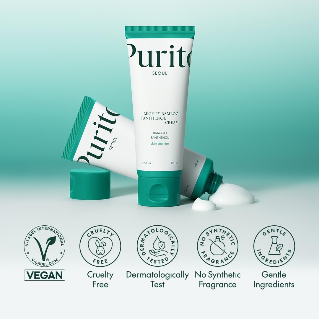 Purito Mighty Bamboo Panthenol Cream with vegan, cruelty free, dermatologically tested, no synthetic fragrance, and gentle ingredients certifications.