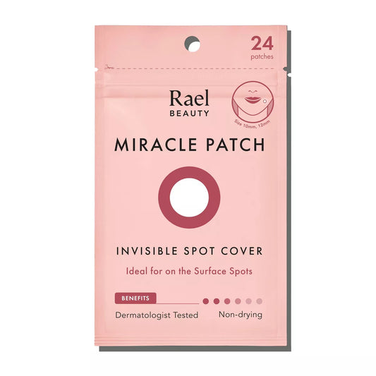 Rael Beauty Miracle Patch, a dermatologist-tested, non-drying acne treatment for all skin types, includes 24 invisible spot covers in 10mm and 12mm sizes to aid in surface spot recovery; comes in a pink package.