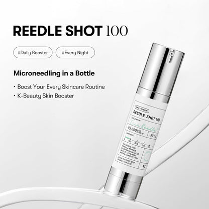 A silver and white bottle of VTs Reedle Shot 100 stands elegantly against a white backdrop. This 50ml skincare product is a K-beauty skin booster offering microneedling benefits, hydration, and anti-aging serum qualities.