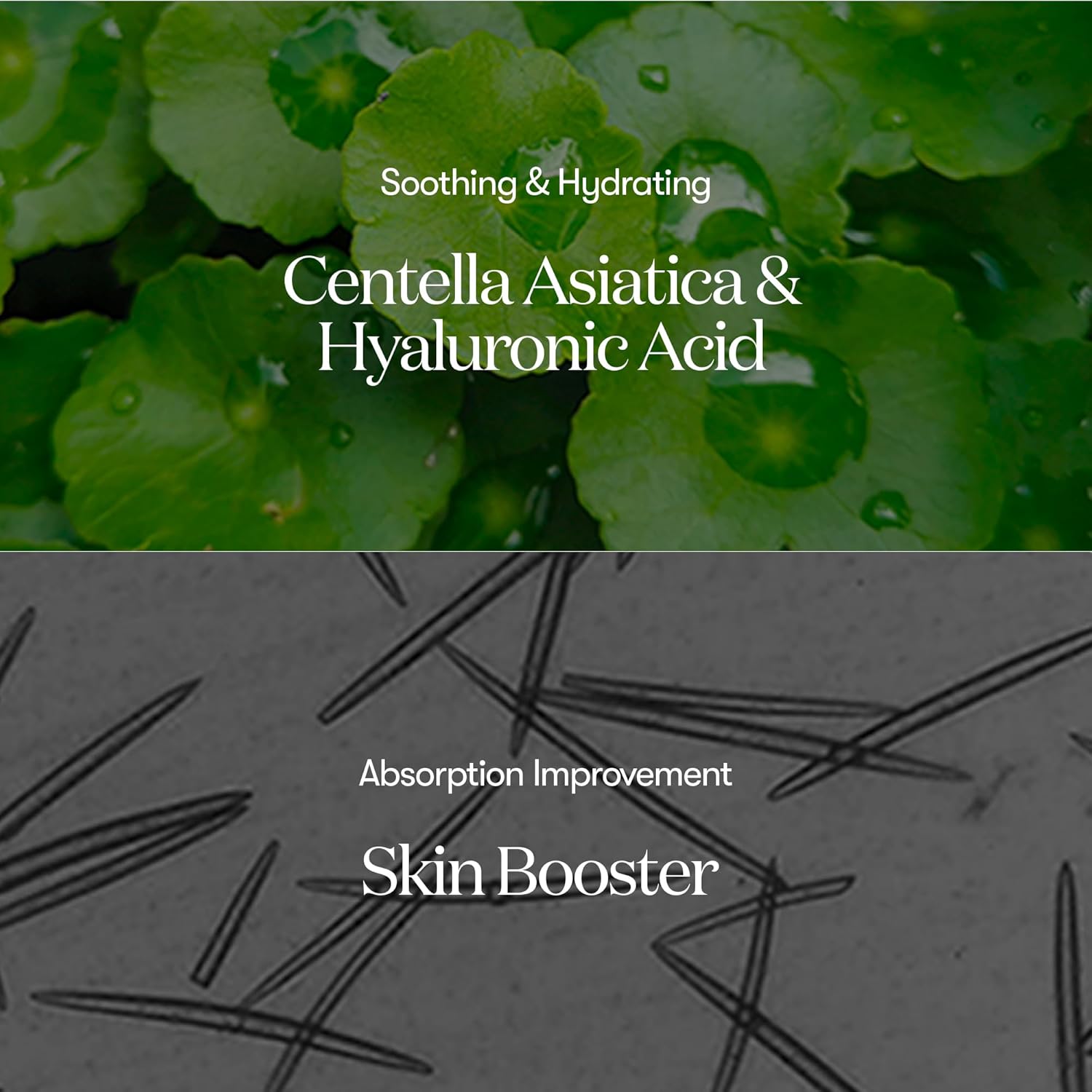 Split image with text. Top: Vibrant green leaves with droplets, reads Soothing & Hydrating, CICA & Hyaluronic Acid. Bottom: Black and white abstract lines, reads Absorption Improvement, VT CICA Reedle Shot 100 Anti Aging Face Serum - 50ml, Skin Booster.