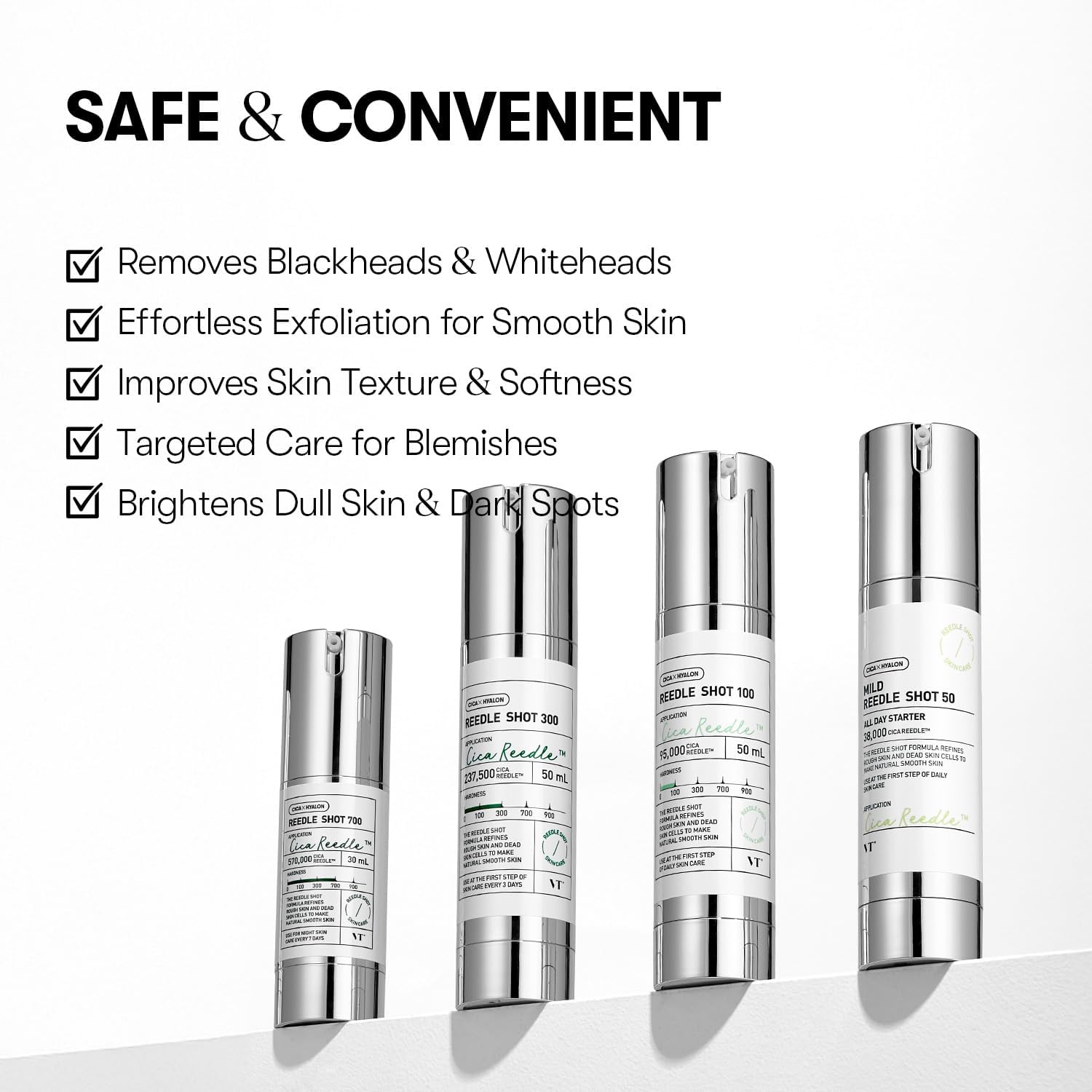The VT CICA Reedle Shot 100 Anti Aging Face Serum - 50ml is shown in sleek, metallic packaging against a white background. Benefits include blackhead removal, skin brightening, and enhanced hydration. The phrase SAFE & CONVENIENT is prominently displayed.