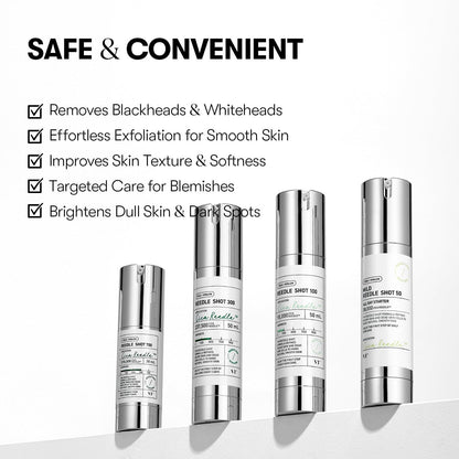 The VT CICA Reedle Shot 100 Anti Aging Face Serum - 50ml is shown in sleek, metallic packaging against a white background. Benefits include blackhead removal, skin brightening, and enhanced hydration. The phrase SAFE & CONVENIENT is prominently displayed.