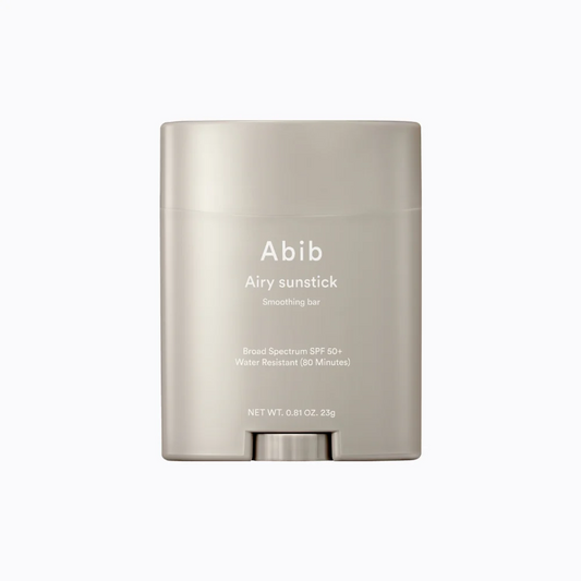 The Abib Airy Sunstick Smoothing Bar provides SPF50+ PA++++ protection, is water resistant for 80 minutes, and comes in a compact 23g (0.81 oz) beige container.