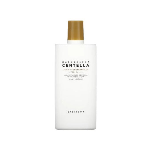 SKIN1004 Madagascar Centella Air-Fit Suncream Plus SPF50+ PA++++ in a sleek white bottle with a gold cap, providing non-nano physical sun protection.