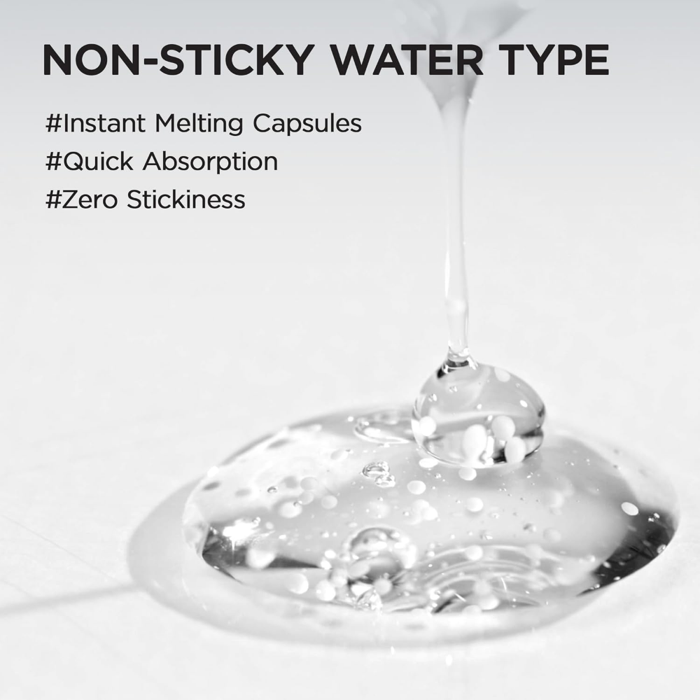 Clear liquid being poured with text about non-sticky water type and instant melting capsules.