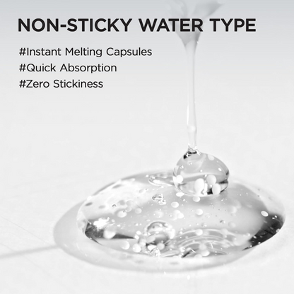 Clear liquid being poured with text about non-sticky water type and instant melting capsules.