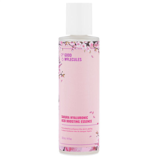 Good Molecules Sakura Hyaluronic Acid Boosting Essence features a pink cherry blossom label, white cap, and pink and white text—ideal for hydration inspired by the Sakura Flower.