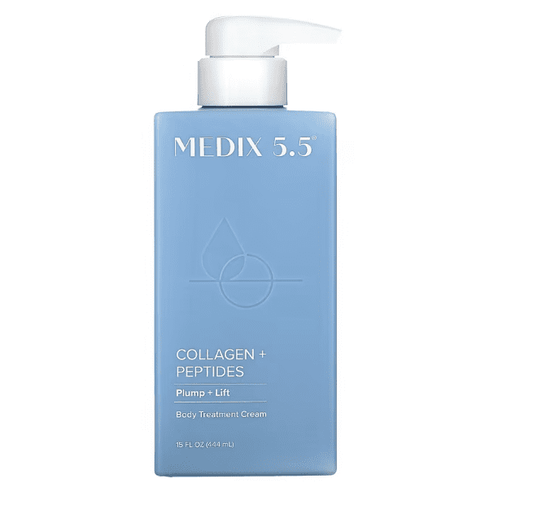 MEDIX 5.5 Body Treatment Cream with Collagen + Peptides comes in a blue rectangular 15 fl oz bottle with a white pump lid, labeled Plump + Lift Body Treatment Cream. It features a droplet design in a circle, perfect for enhancing skin elasticity.