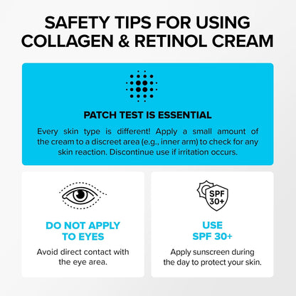 A guide providing safety tips for using the Simply Vital Collagen & Retinol Cream. It emphasizes performing a patch test before use, avoiding contact with the eyes, and applying SPF 30+ sunscreen during the day for skin protection.