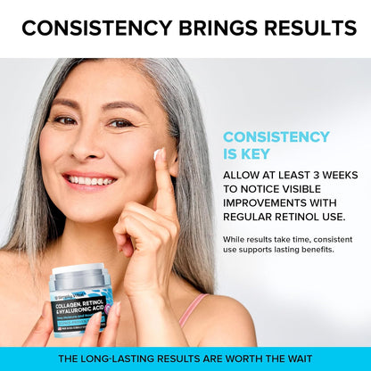 A smiling woman with silver hair applies Simply Vital Collagen, Retinol & Hyaluronic Acid Cream to her face. The text highlights the importance of consistency, stating that noticeable improvements appear after at least three weeks of regular use.