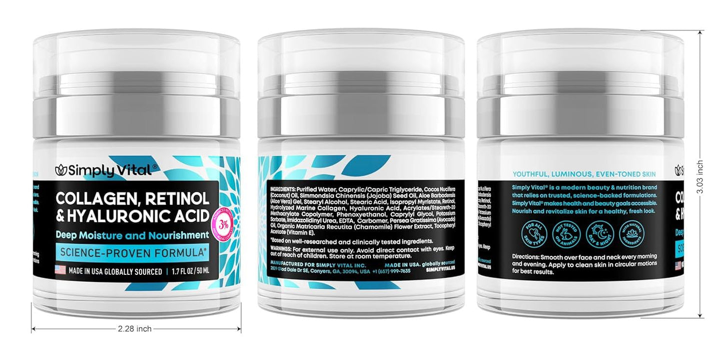 Three different angles of the Simply Vital Collagen, Retinol & Hyaluronic Acid Cream jar. The front highlights the product name and purpose: "Deep Moisture and Nourishment." The back lists ingredients such as purified water, collagen, and hyaluronic acid, along with usage directions and safety icons indicating it is suitable for all skin types, cruelty-free, and paraben-free.