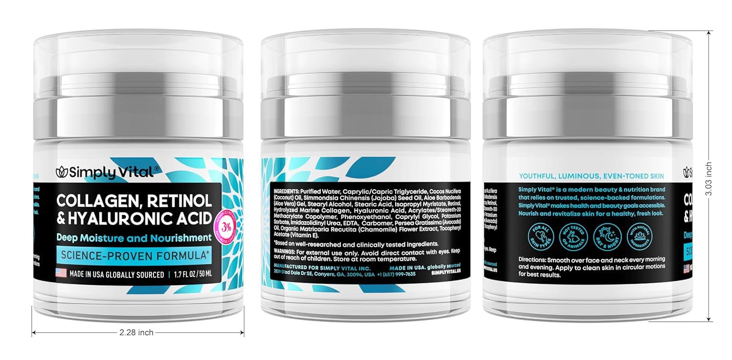 Three different angles of the Simply Vital Collagen, Retinol & Hyaluronic Acid Cream jar. The front highlights the product name and purpose: "Deep Moisture and Nourishment." The back lists ingredients such as purified water, collagen, and hyaluronic acid, along with usage directions and safety icons indicating it is suitable for all skin types, cruelty-free, and paraben-free.