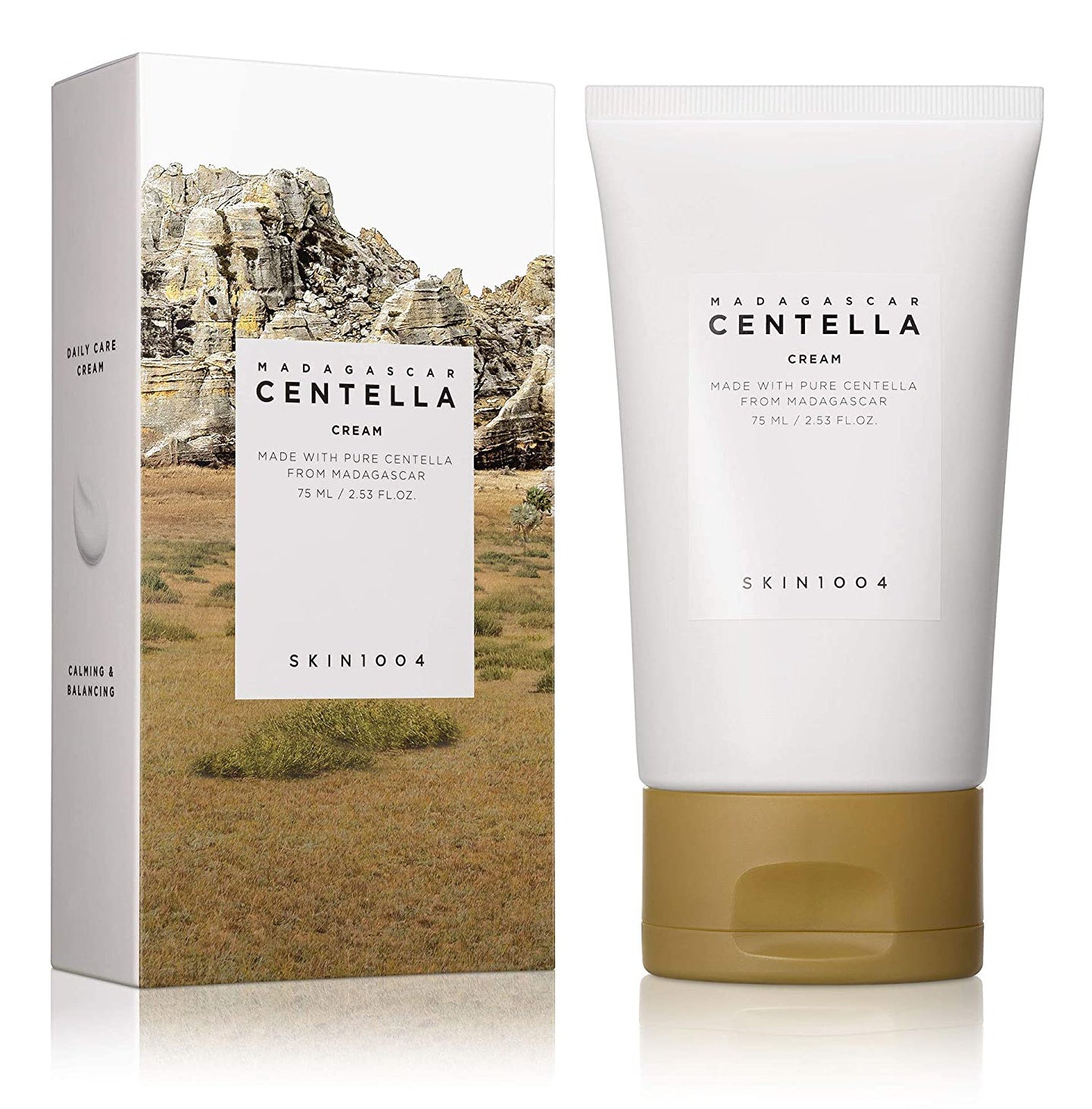 The cream tube placed alongside its outer packaging box, both featuring cohesive branding elements and emphasizing the product's presentation