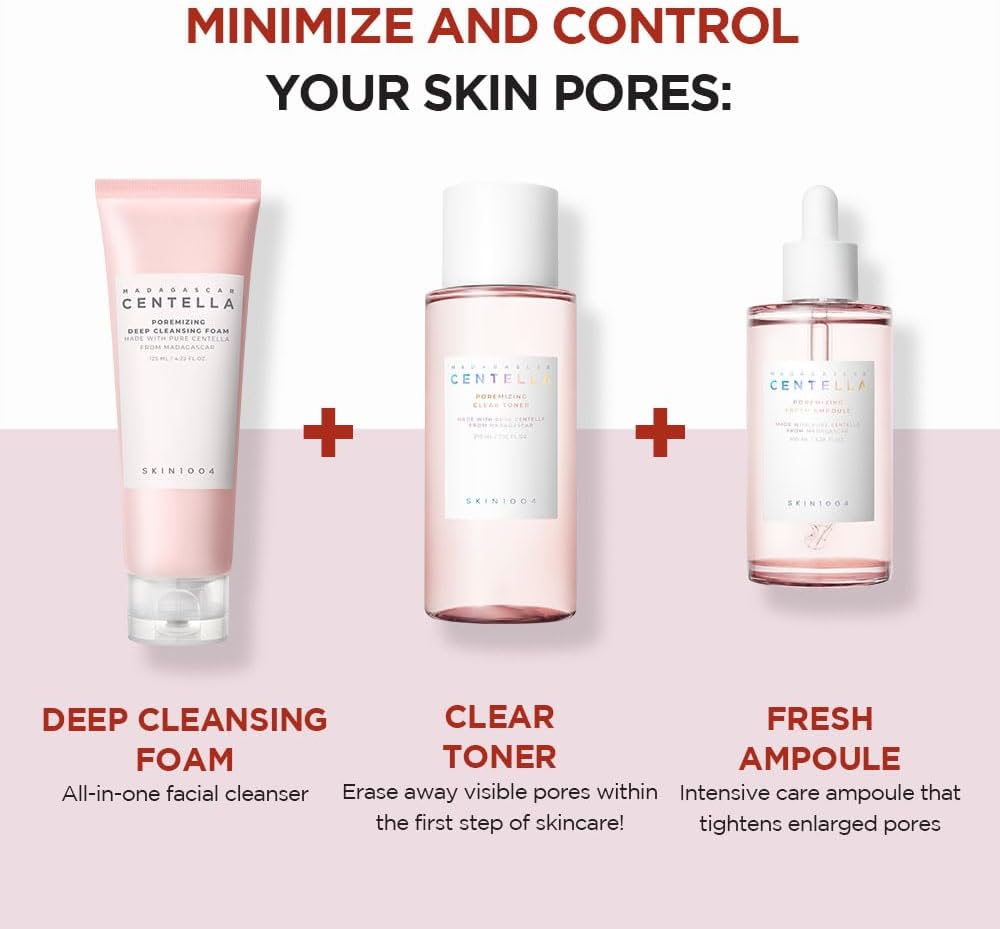 Image showcases three skincare essentials: SKIN1004 Madagascar Centella Poremizing Deep Cleansing Foam, a clear toner, and a fresh ampoule. Above them, the text reads Minimize and control your skin pores, with each product labeled for its purpose.