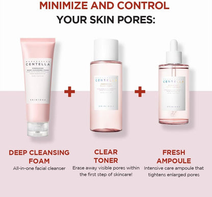 Image showcases three skincare essentials: SKIN1004 Madagascar Centella Poremizing Deep Cleansing Foam, a clear toner, and a fresh ampoule. Above them, the text reads Minimize and control your skin pores, with each product labeled for its purpose.