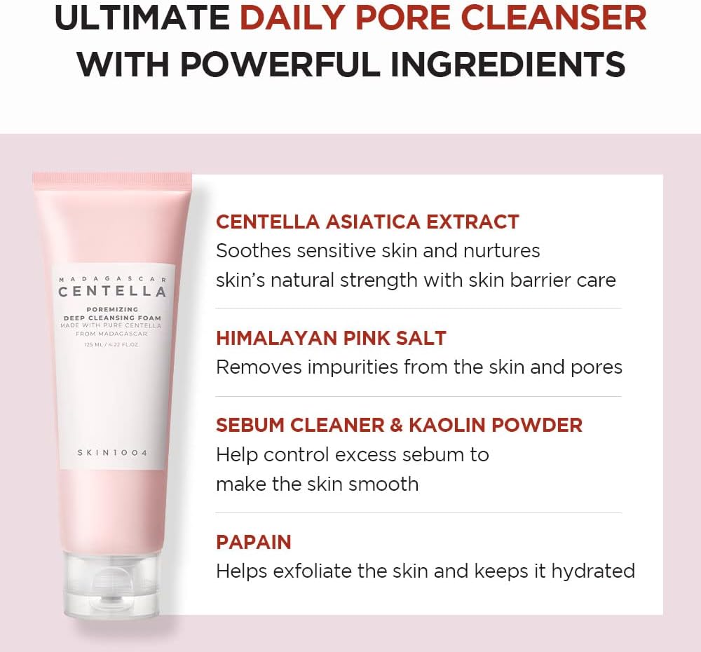 A tube of SKIN1004 Madagascar Centella Poremizing Deep Cleansing Foam is showcased with its potent ingredients: soothing Centella Asiatica extract, Himalayan pink salt, papain, and kaolin powder for hydration and superior sebum control.