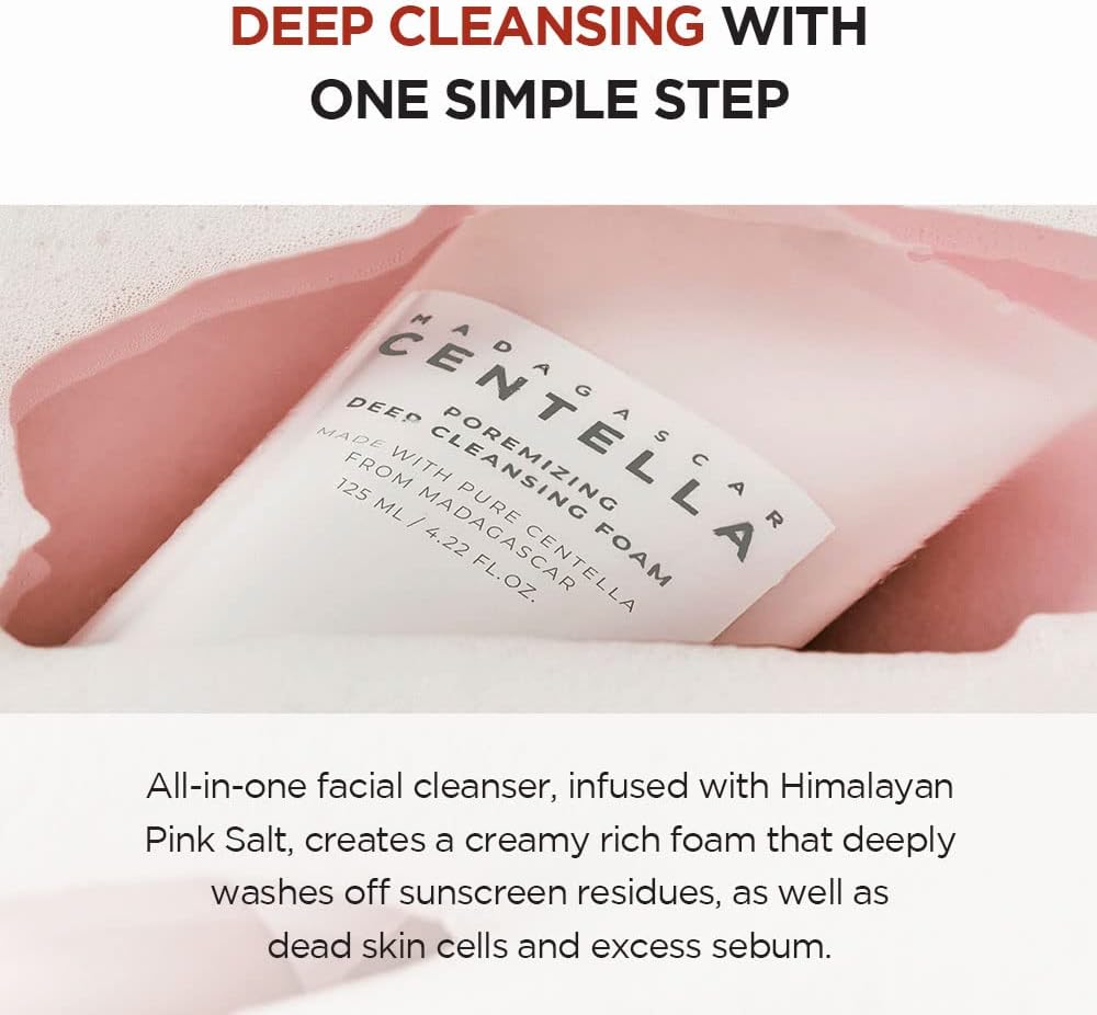 A tube of SKIN1004 Madagascar Centella Poremizing Deep Cleansing Foam emerges from a pink pouch. The text, Deep Cleansing with One Simple Step, highlights its formula infused with Himalayan Pink Salt and papain to effectively wash away residues and dead skin cells.