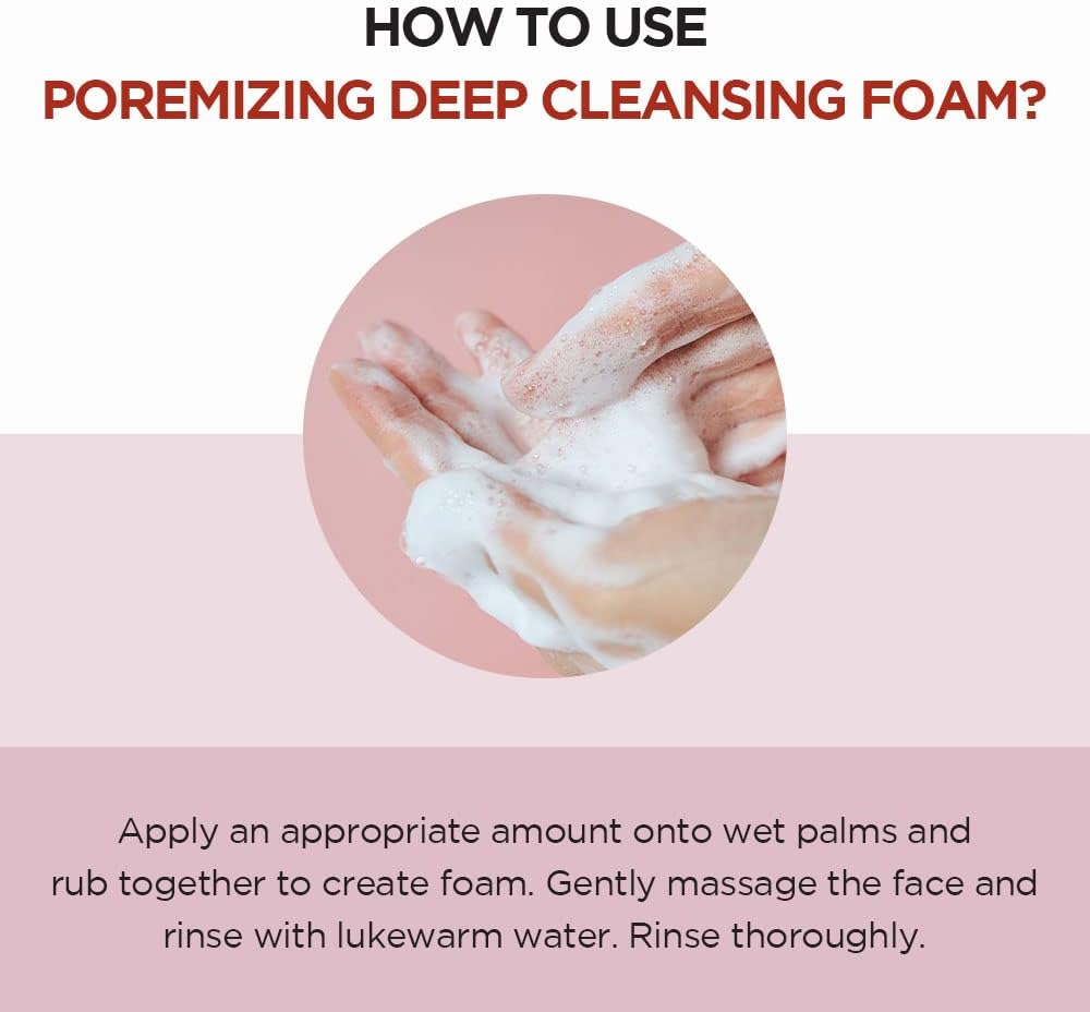 The SKIN1004 Madagascar Centella Poremizing Deep Cleansing Foam features an image of hands foaming the product. Apply to wet palms, rub into a foam, massage onto face, rinse with lukewarm water thoroughly. The background is pink and beige.