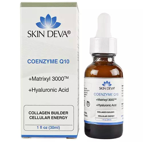 Skin Deva Coenzyme Q10 + Matrixyl 3000 + Hyaluronic Acid product packaging and bottle on a white background