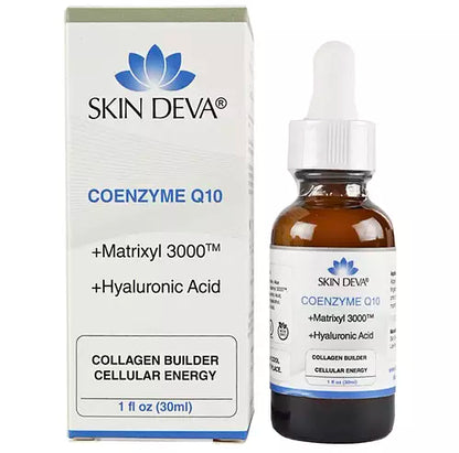 Skin Deva Coenzyme Q10 + Matrixyl 3000 + Hyaluronic Acid product packaging and bottle on a white background