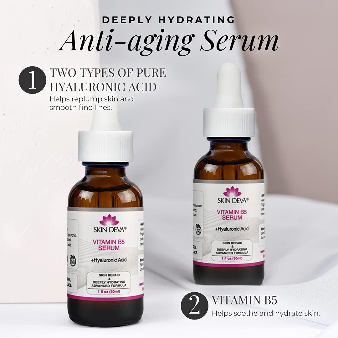 Two bottles of Skin Deva Vitamin B5 Serum on a white background with text about anti-aging benefits.