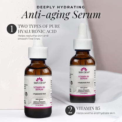 Two bottles of Skin Deva Vitamin B5 Serum on a white background with text about anti-aging benefits.
