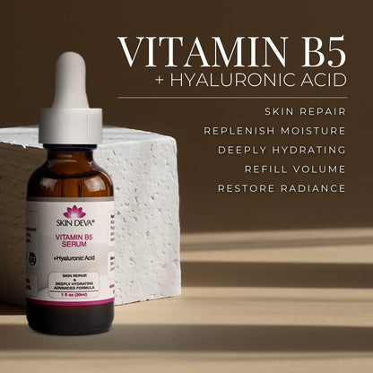 Skin Deva Vitamin B5 serum bottle with dropper on a brown background