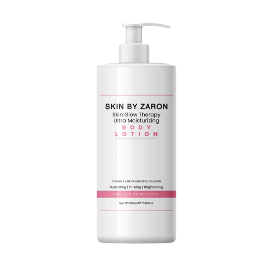 Body lotion bottle labeled 'Skin by Zaron' on a white background