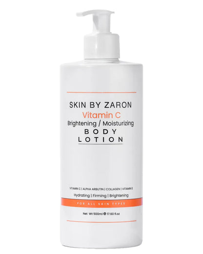 Body lotion bottle labeled 'Skin by Zaron' on a white background