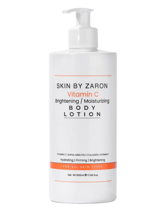 Body lotion bottle labeled 'Skin by Zaron' on a white background
