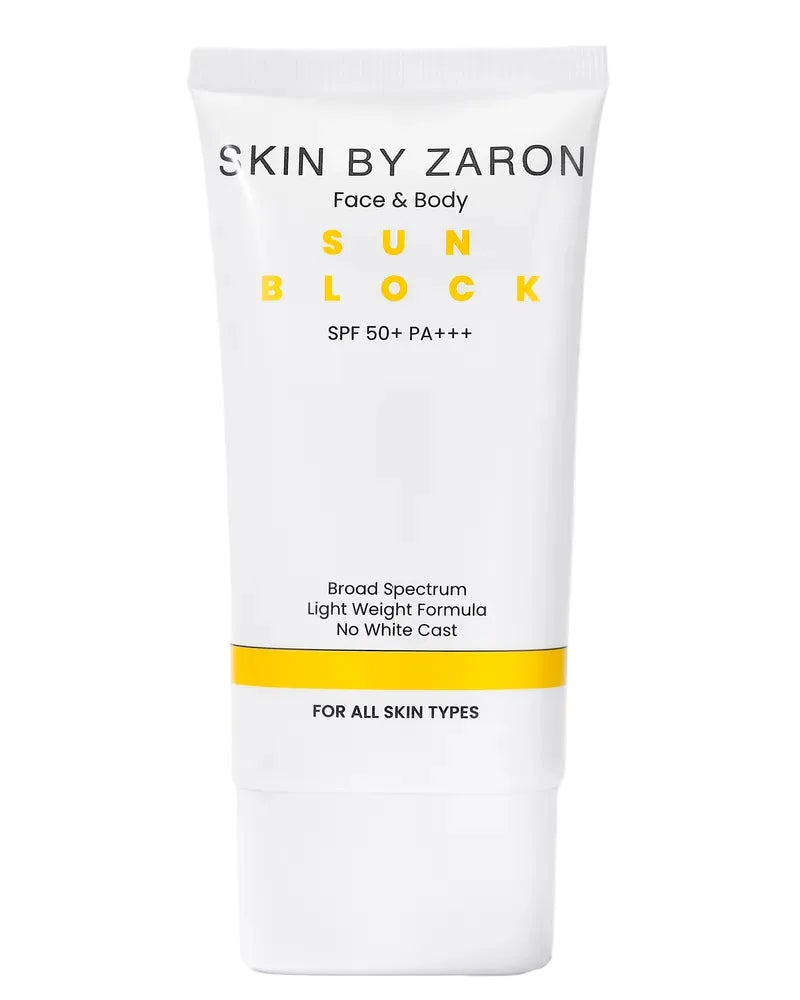 Sun block cream tube labeled 'Skin by Zaron' on a white background