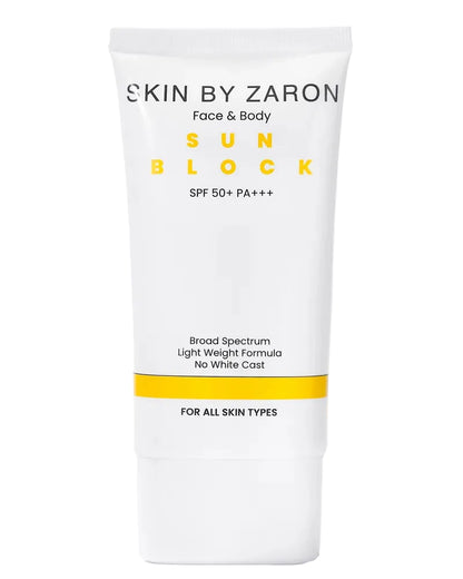 Sun block cream tube labeled 'Skin by Zaron' on a white background