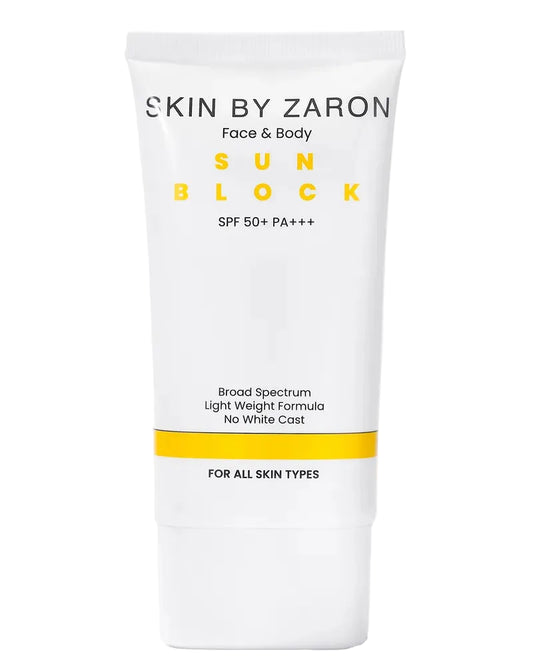 Sun block cream tube labeled 'Skin by Zaron' on a white background