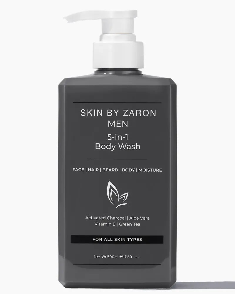 Gray bottle of 'Skin by Zaron Men 5-in-1 Body Wash' with a pump on a white background