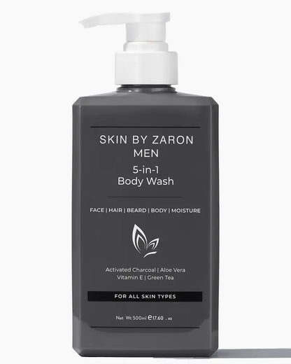 Gray bottle of 'Skin by Zaron Men 5-in-1 Body Wash' with a pump on a white background