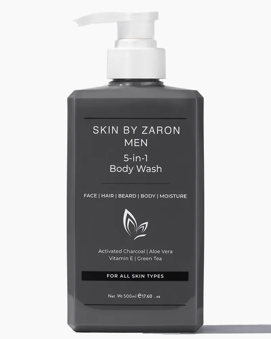 Gray bottle of 'Skin by Zaron Men 5-in-1 Body Wash' with a pump on a white background