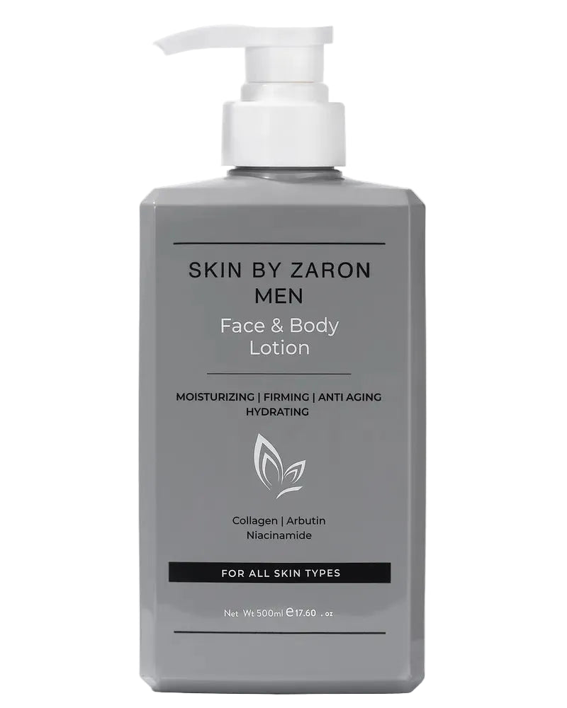 Gray lotion bottle with pump labeled 'Skin by Zaron Men' on a white background