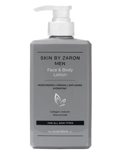Gray lotion bottle with pump labeled 'Skin by Zaron Men' on a white background