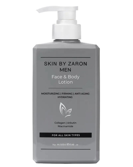 Gray lotion bottle with pump labeled 'Skin by Zaron Men' on a white background