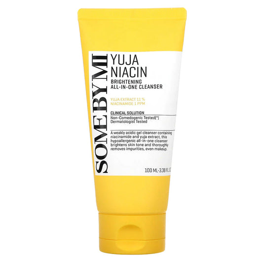 Yellow and white tube of 'Some by Mi' Yuja Niacin cleanser on a white background