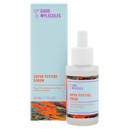 A 30ML bottle of Good Molecules Super Peptide Serum with a dropper cap is displayed beside its colorful box. The label notes anti-aging benefits, helping reduce the look of fine lines and wrinkles with copper tripeptides.