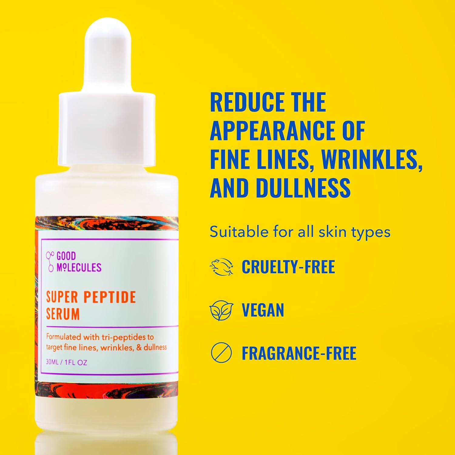 A bottle of Good Molecules Super Peptide Serum 30ML by Good Molecules is displayed on a yellow background. This anti-aging serum with copper tripeptides targets fine lines, wrinkles, and dullness. Its suitable for all skin types, cruelty-free, vegan, and fragrance-free.