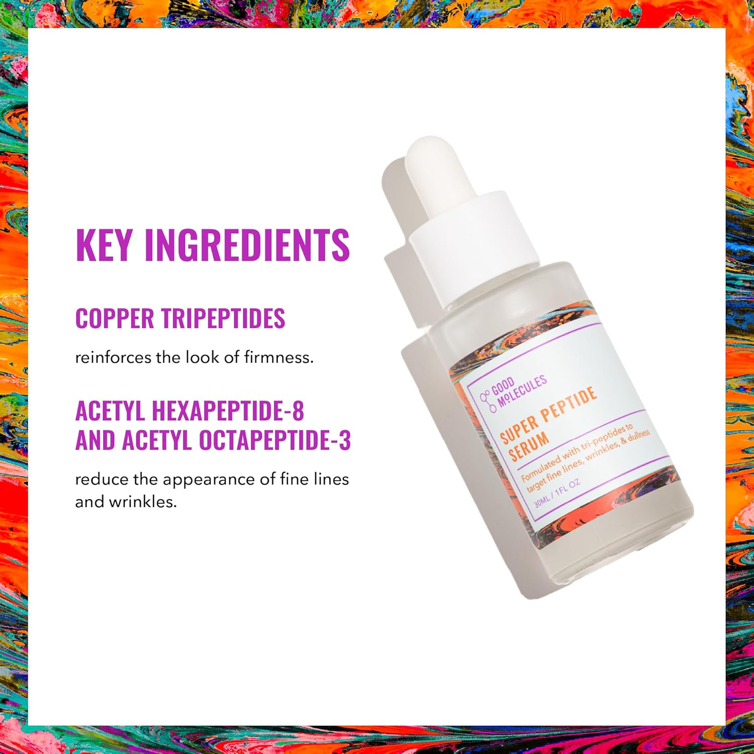 A bottle of Good Molecules Super Peptide Serum 30ML with dropper appears on a white background, highlighting copper tripeptides and anti-aging benefits, surrounded by a vibrant abstract frame. Brand: Good Molecules.