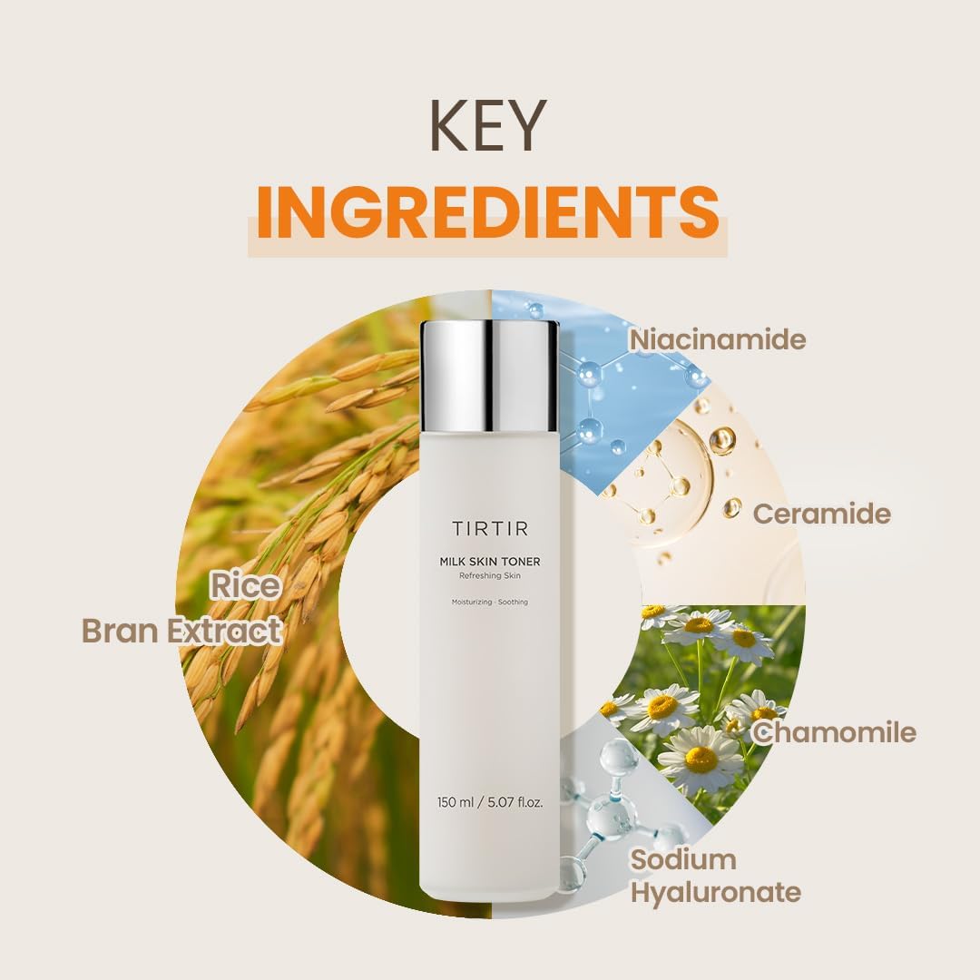 An image of TIRTIR Milk Skin Toner - 150ml showcases a refreshing toner for all skin types. Key ingredients such as rice bran extract, niacinamide, ceramide, chamomile, and sodium hyaluronate are highlighted in a circular design with images around the TIRTIR bottle.