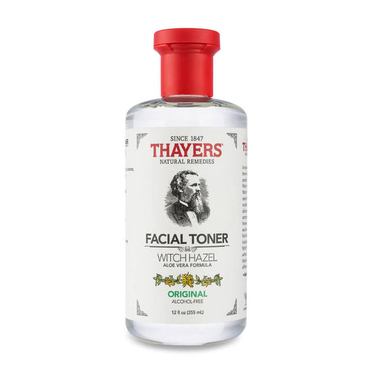 A 12 fl oz (355 mL) bottle of THAYERS Facial Toner - Witch Hazel Aloe Vera Formula - Original, featuring an illustration of a man on the label and highlighting its alcohol-free witch hazel and aloe vera formula.