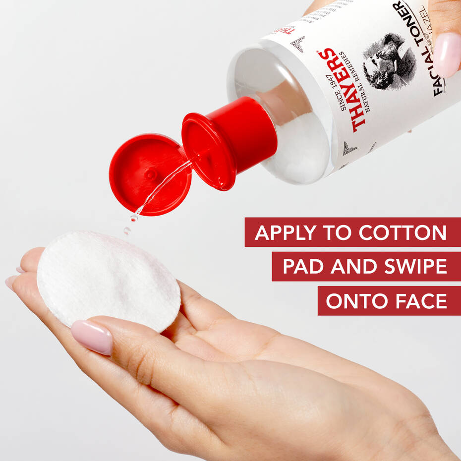 A hand pours THAYERS Facial Toner - Witch Hazel Aloe Vera Formula-Unscented 355ml onto a cotton pad from a red-capped bottle. Instructions: Apply to cotton pad and swipe onto face. The background is white.