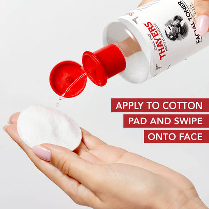 A hand pours THAYERS Facial Toner - Witch Hazel Aloe Vera Formula-Unscented 355ml onto a cotton pad from a red-capped bottle. Instructions: Apply to cotton pad and swipe onto face. The background is white.