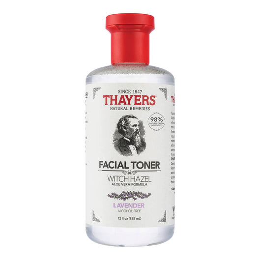 The THAYERS Hydrating Facial Toner - Witch Hazel Aloe Vera Formula in Lavender (355ml) is shown with a red cap and an illustrated portrait on the label. This natural, alcohol-free remedy offers a soothing lavender scent.