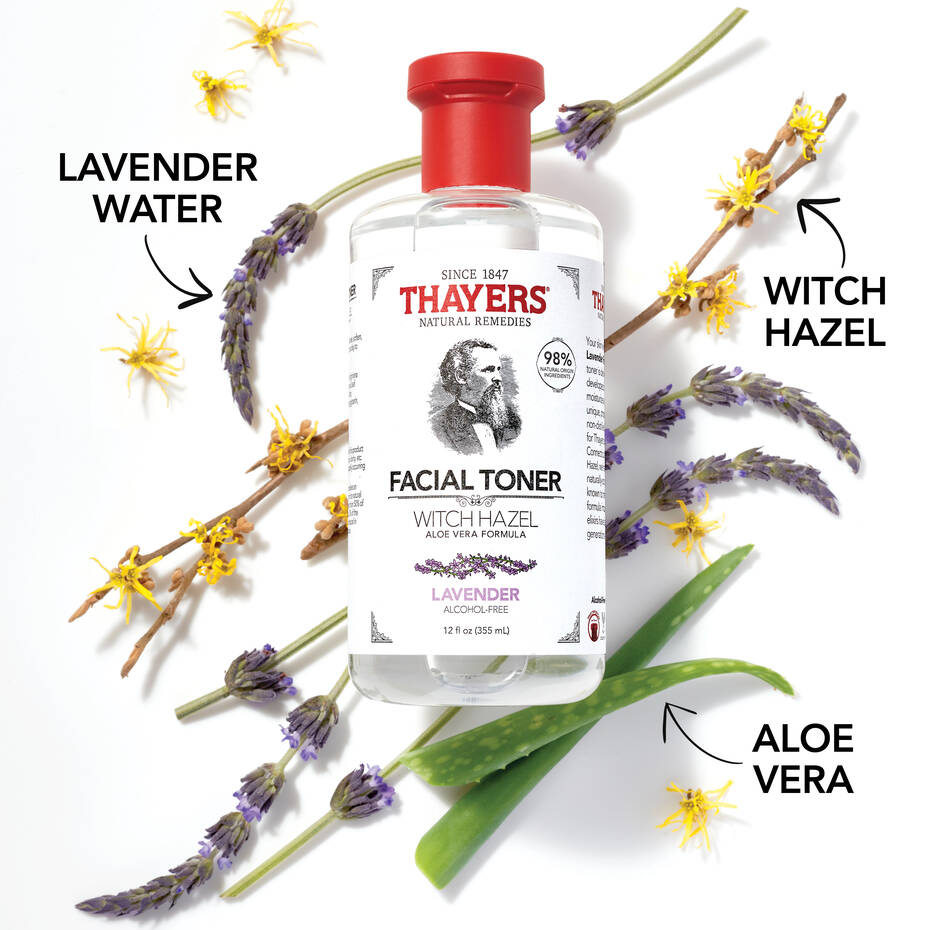 A bottle of THAYERS Hydrating Facial Toner in Lavender is adorned with illustrated labels, accentuating its alcohol-free formula featuring witch hazel, aloe vera, and lavender. The ingredients are displayed next to the soothing 355ml Lavender toner by THAYERS.