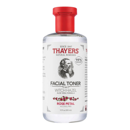 A bottle of THAYERS Facial Toner - Witch Hazel Aloe Vera Formula - Rose Petal with a red cap. The label features Since 1847 Thayers Natural Remedies, Alcohol-Free, and an illustration of a man.